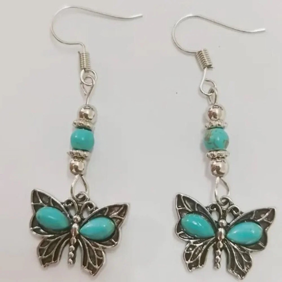 Turquoise Butterfly Dangle Earrings - Inlaid Design, Bohemian Hypoallergenic - Picture 1 of 4
